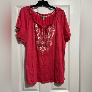 French Laundry Coral Blouse with White Embroidery